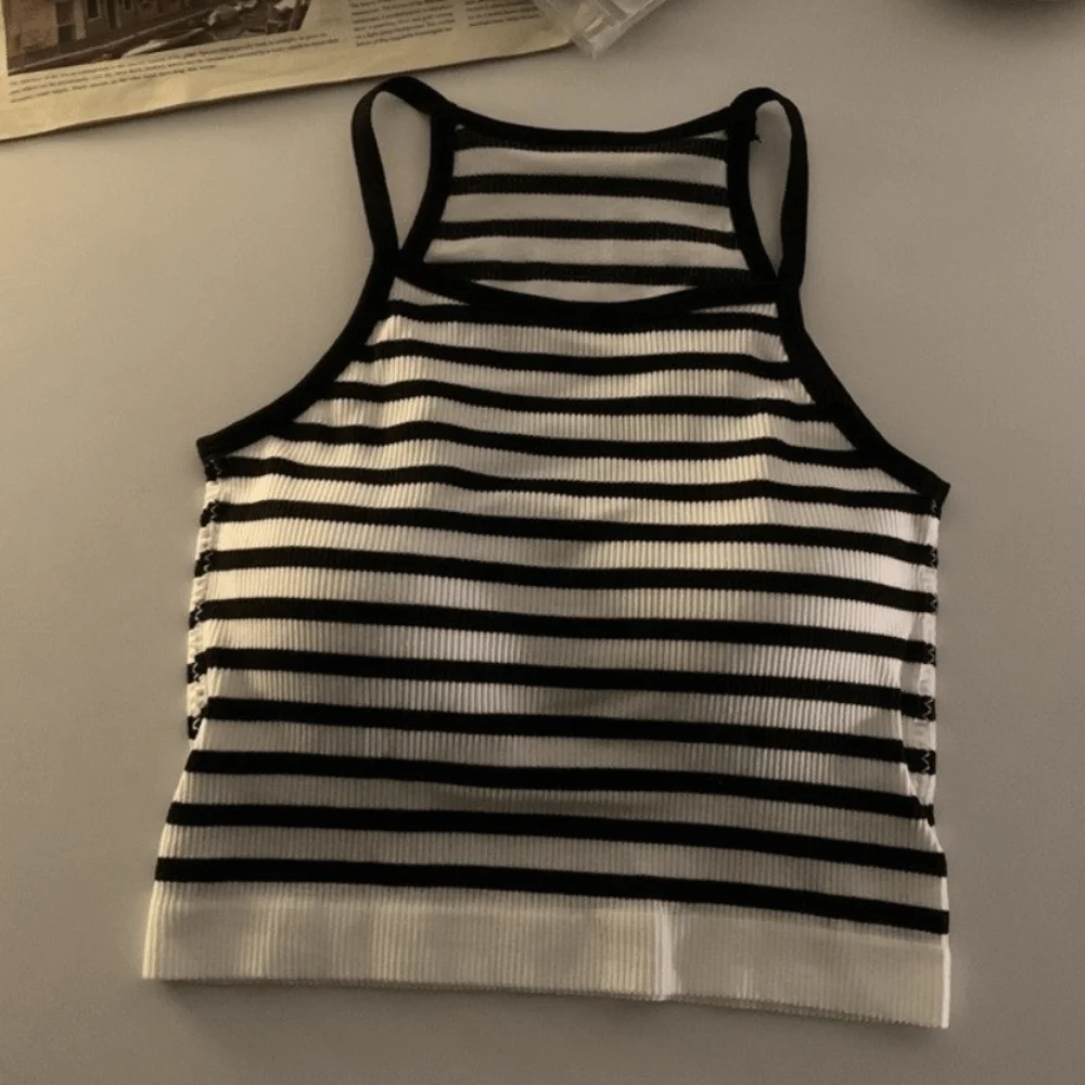 Korean Version Sleeveless Crop Top Stripe with Chest Pad Ladies' Sling Vest Slim Fit Women Camisole Casual Wear