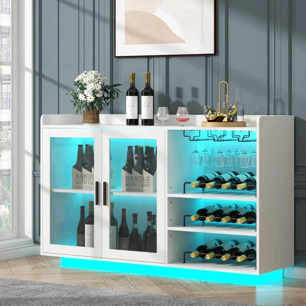 Floating Coffee Bar with Glass Rack and Removable Wine Racks, Modern Buffet Sideboard with Storage Shelves,