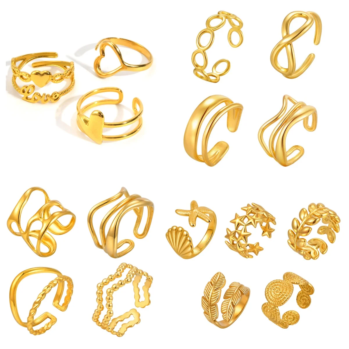 3Pcs Stainless Steel Stackable Rings for Women, Adjustable Gold Tone Open Band Set, Minimalist Statement Jewelry Not Fade