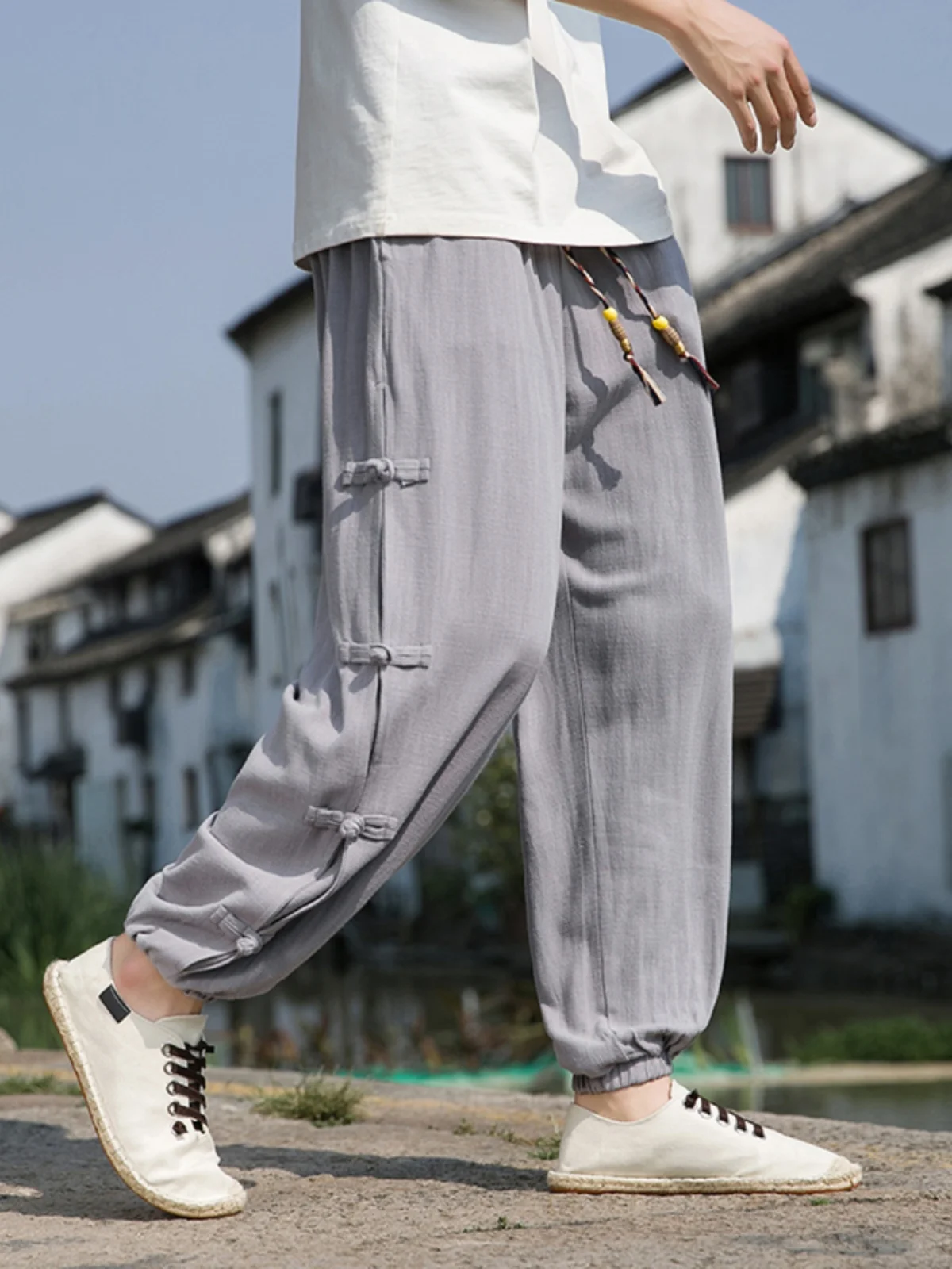 

Весенне-летние льняные повседневные брюки для молодежи: простые, универсальные, модные, свободные, на пуговицах, в китайском стиле, с отворотами, длинные