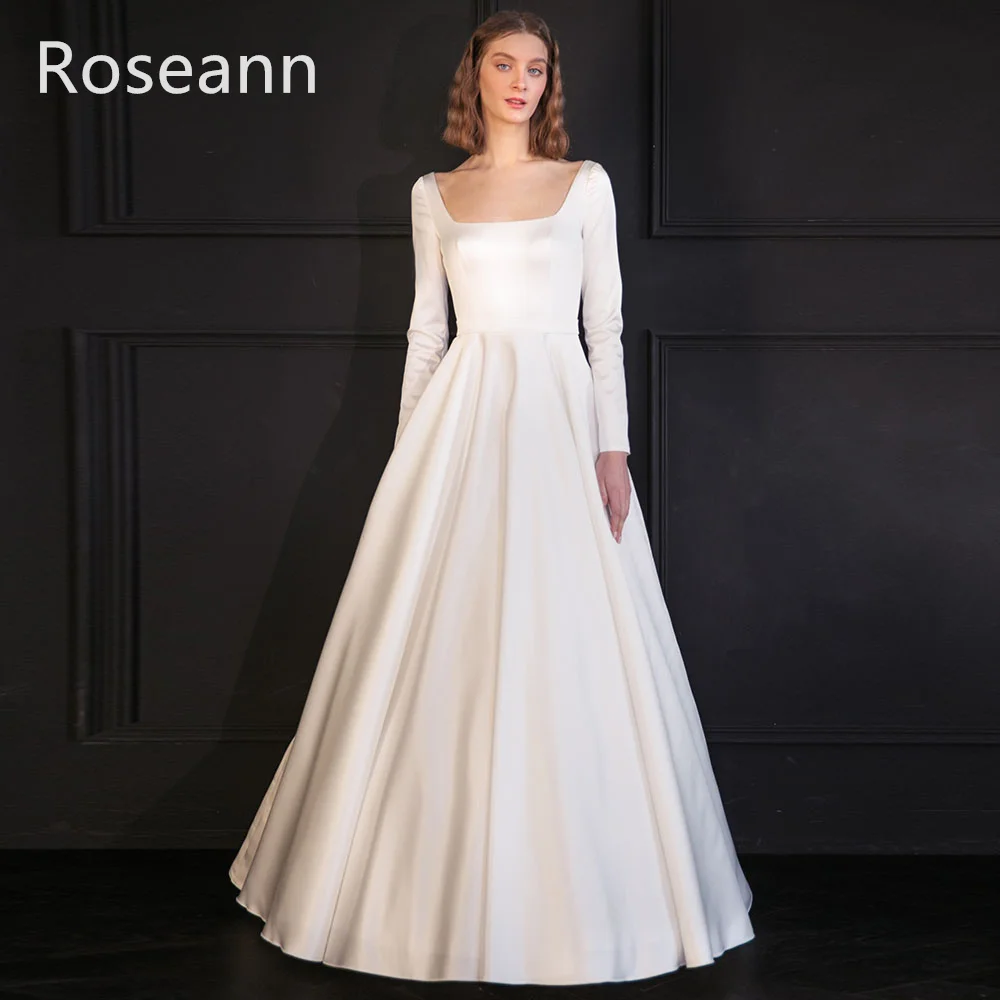 Customized Muslim High Quality Square A-line Wedding Dresses 2025 Ivory Satin Full Bride Dresses Floor Length robe de mariée