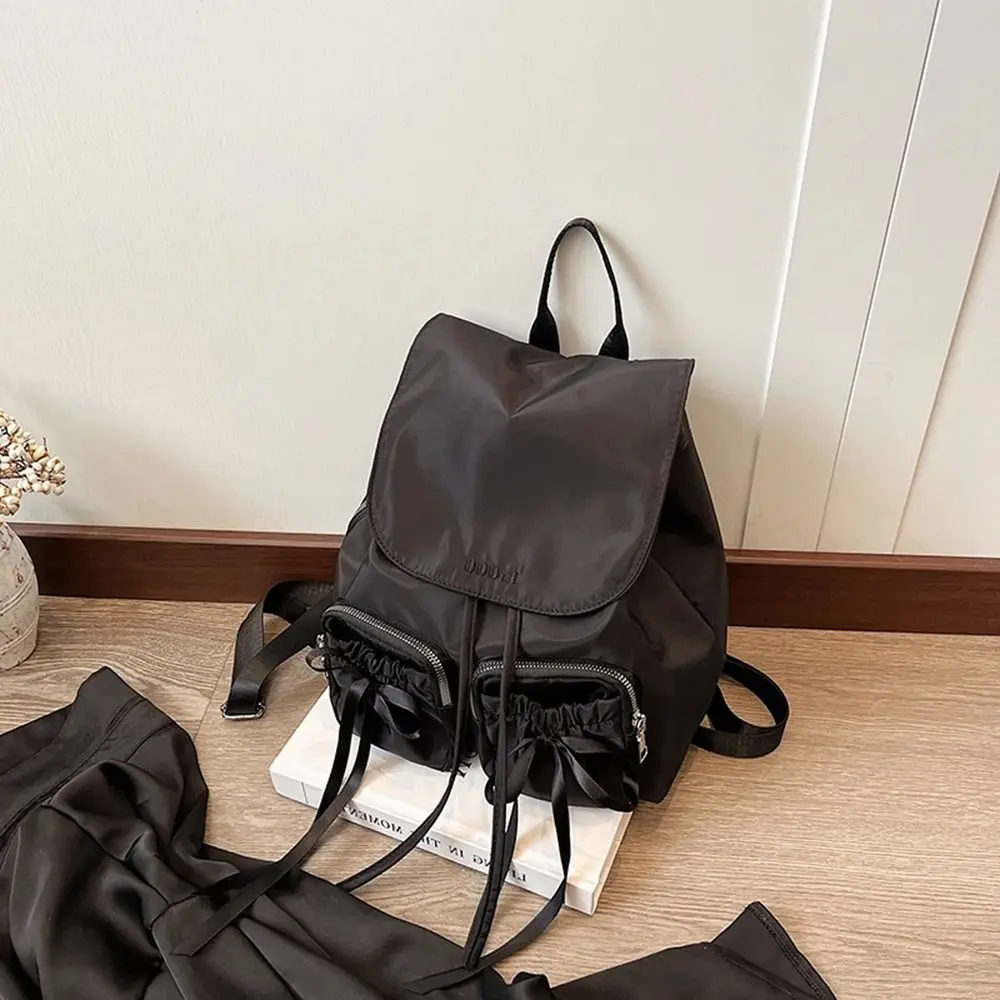 

Casual Korean Style Drawstring Backpack Bowknot Ballet Style Nylon Bag Large Capacity Solid Color Bow Shoulder Bag Outdoor