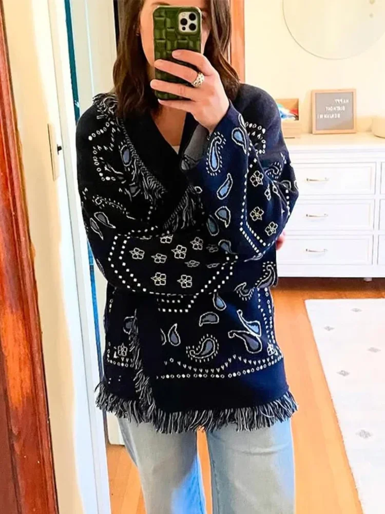 المرأة الخامس الرقبة شرابة سترة شيك المرقعة ملابس منقوشة بكم طويل ملابس خارجية فضفاضة موضة الخريف اليومية تخفيف الشارع بالأزرار