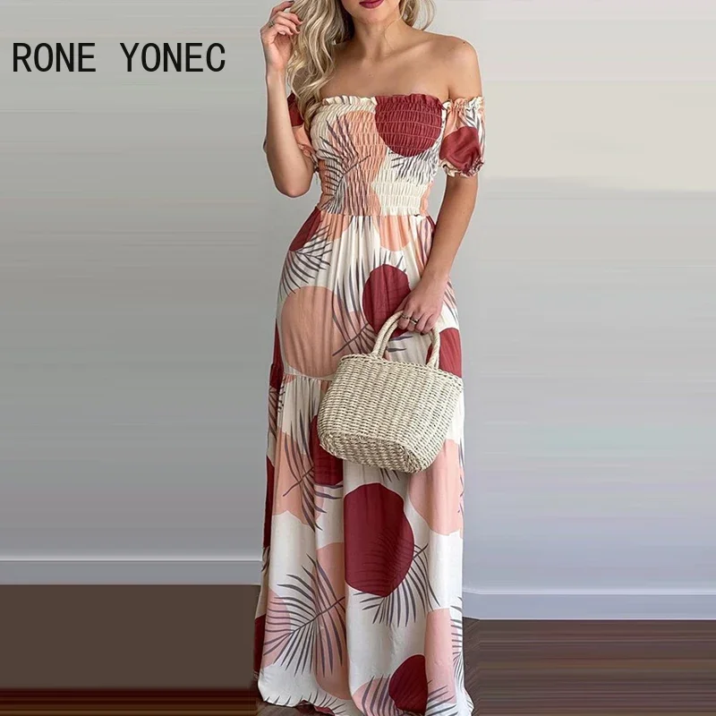 Women Elegant Dress All Over Print Off Shoulder Shirring Maxi Dress Sexy Summer Dress