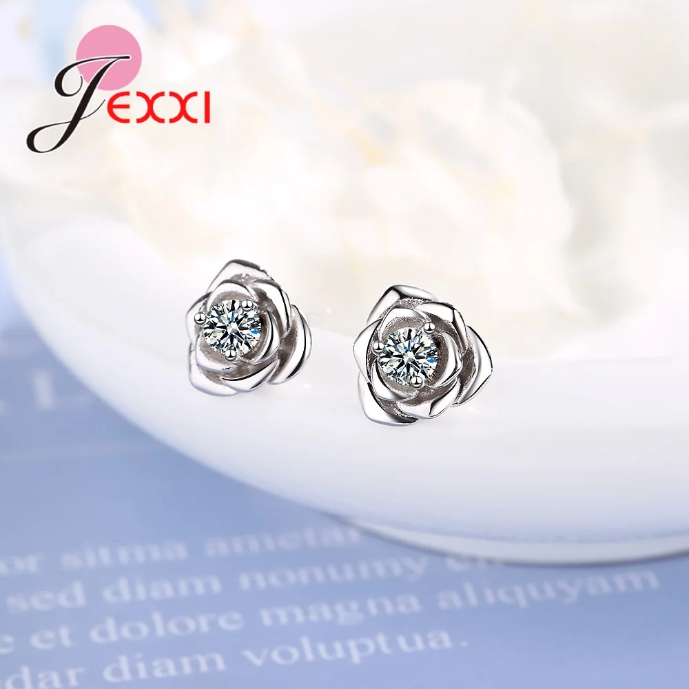 Sweet Gifts for Anniversary Wedding Accessories Original 925 Silver AAA Zircon Stone Rose Flower Charms Stud Earrings