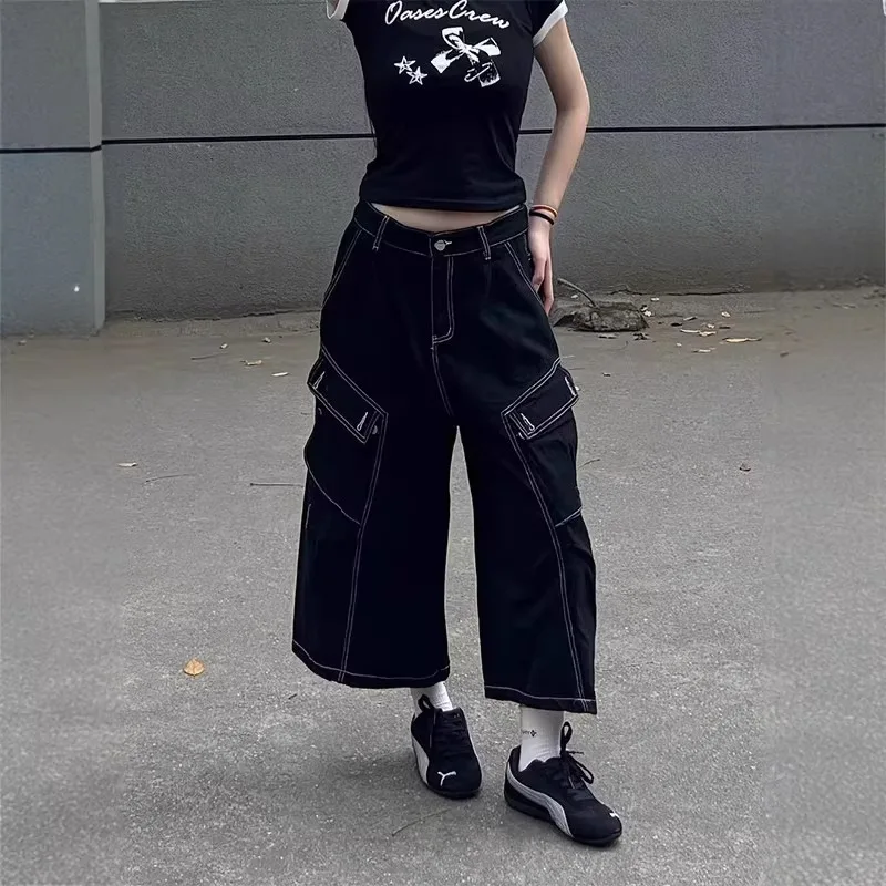 Men Black Cargo Capri Jeans 2026 Summer High Waist Contrast Stitch Wide Leg Cropped Denim Pants Streetwear Casual Trousers