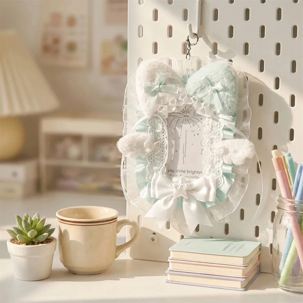 Sweet Lace Photocard Holder Plush Cat Ear Shape ID Card Case Cute Bow Protective Sleeve Bag Charm Keychain Girls