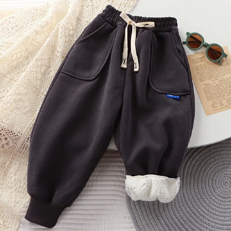 2-6Y New Boys Winter Thick Sweatpants for Girls Casual Pants Boy Student Loose Sports Pants Baby Pockets Kids Trousers