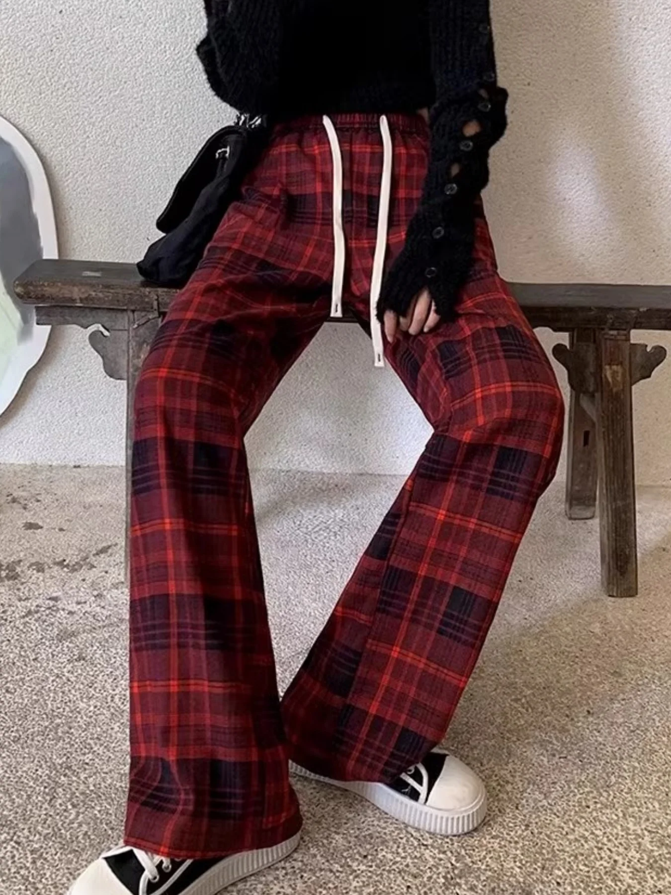 American Retro Color-Block Plaid Sweatpants for Women, New Autumn and Winter Loose Casual Versatile High-Waisted Slimming Wide-Leg Pants for Women