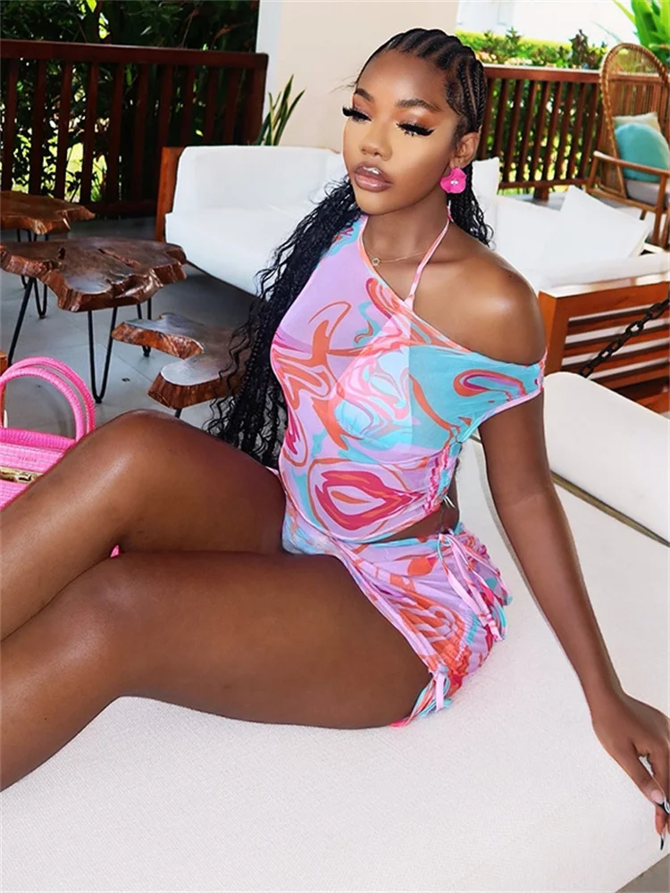 

Whatiwear Sexy 3-Piece Set Women Slanted Shoulder See Through Vest+Bandage Bra+Folds Skirt Colorful Drawstring Beach Party Suit