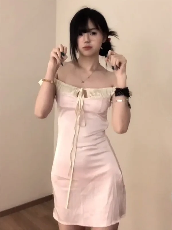 Vestido Corto Sexy Estilo Francés para Mujer, Verano, Escote Bajo, Lazo en la Cintura, Falda Ajustada, Bloques de Color, Cuel...