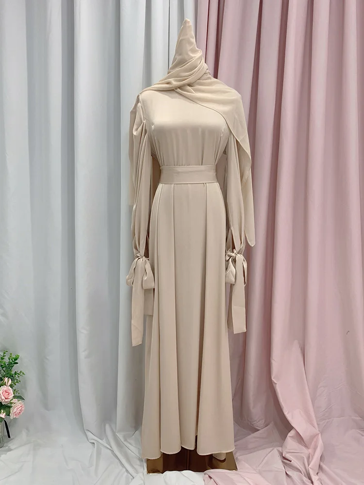 Satin Abaya Dress Muslim Women Solid Color Wrap Front Long Sleeve with Belt Long Maxi Dress Summer Dubai Turk Modest Wear