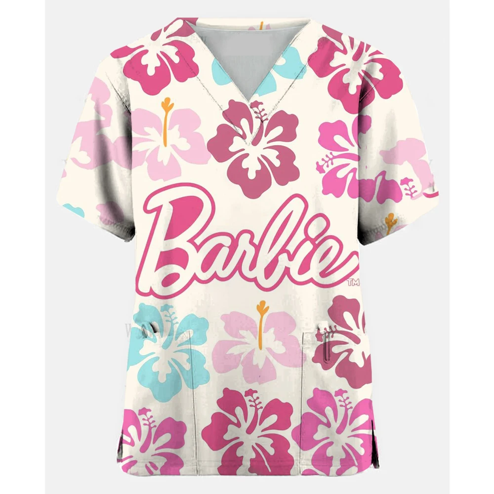 

Medical Nurse Uniforms Women Medical Barbie Print Scrub Shirts Clinical V-neck Blouse Cartoon Pocket Scrubs Top Beauty Work