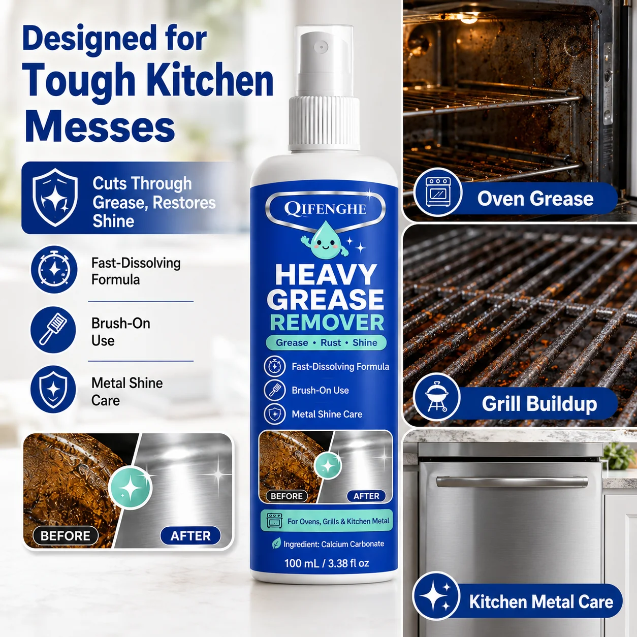 Heavy Duty Kitchen Degreaser Spray, Odorless Grease Remover for Stove Oven Hood Sink, Residue-Free Powerful Cleaner, Easy Wipe