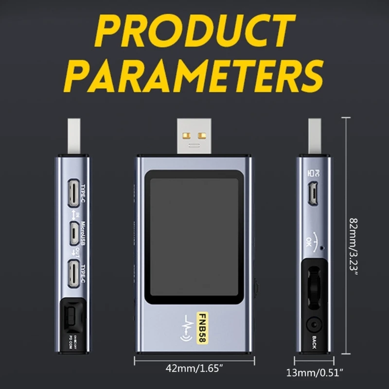 FNB58 แบบพกพา USB แรงดันไฟฟ้าและเครื่องทดสอบกระแสไฟฟ้าพร้อมหน้าจอ LCD ขนาด 2 นิ้ว,