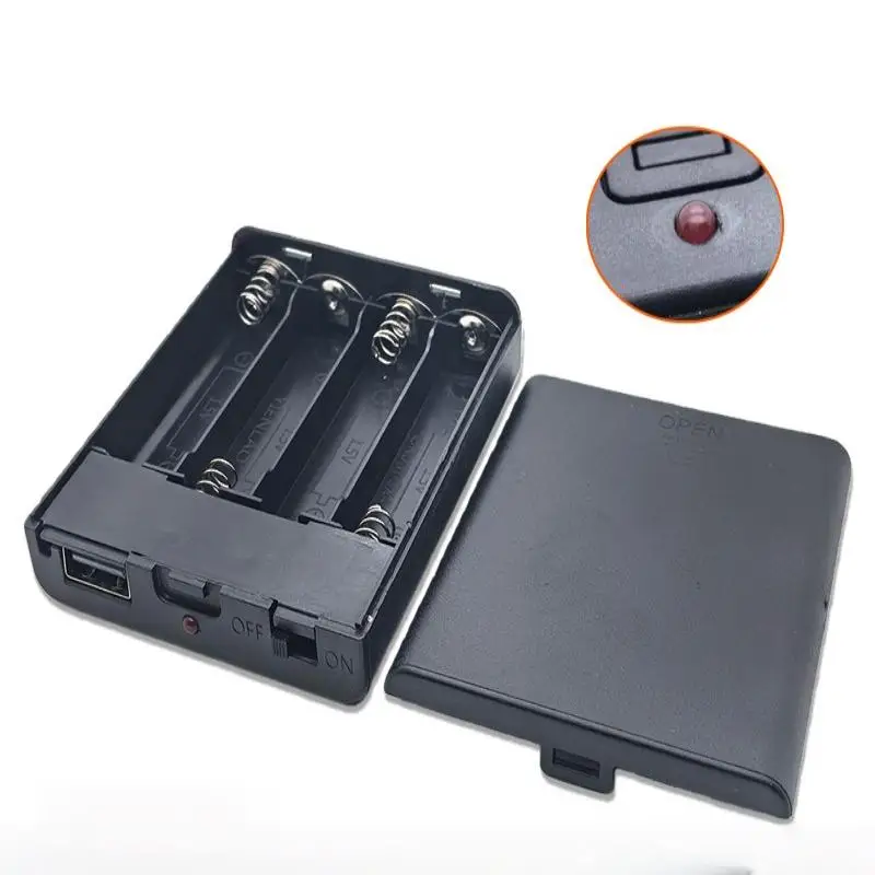 1Pcs 4 Slots AA Battery Holder No.5 Battery Case With Power Switch and USB Female Socket Indicator Light AA Battery Box