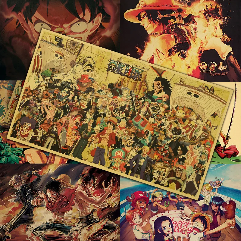 Anime ONE PIECE Straw Hat Pirates Wanted Poster Sticker Retro Painting Children's Bedroom Living Room Wall Pendant Poster