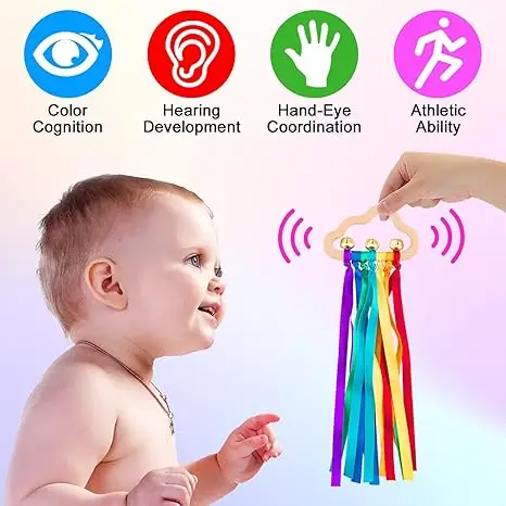 Toddler Rainbow Musical Dancing Sensory Ribbon Toy, Montessori Wooden Baby hanging grasp toy,Christmas birthday newborn gift