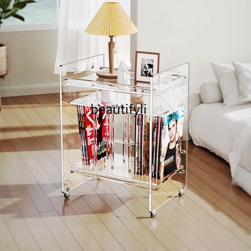 Acrylic Mobile Bookshelf Storage Floor Multi-Layer Desktop Storage Magazine with Wheels Reading Rack