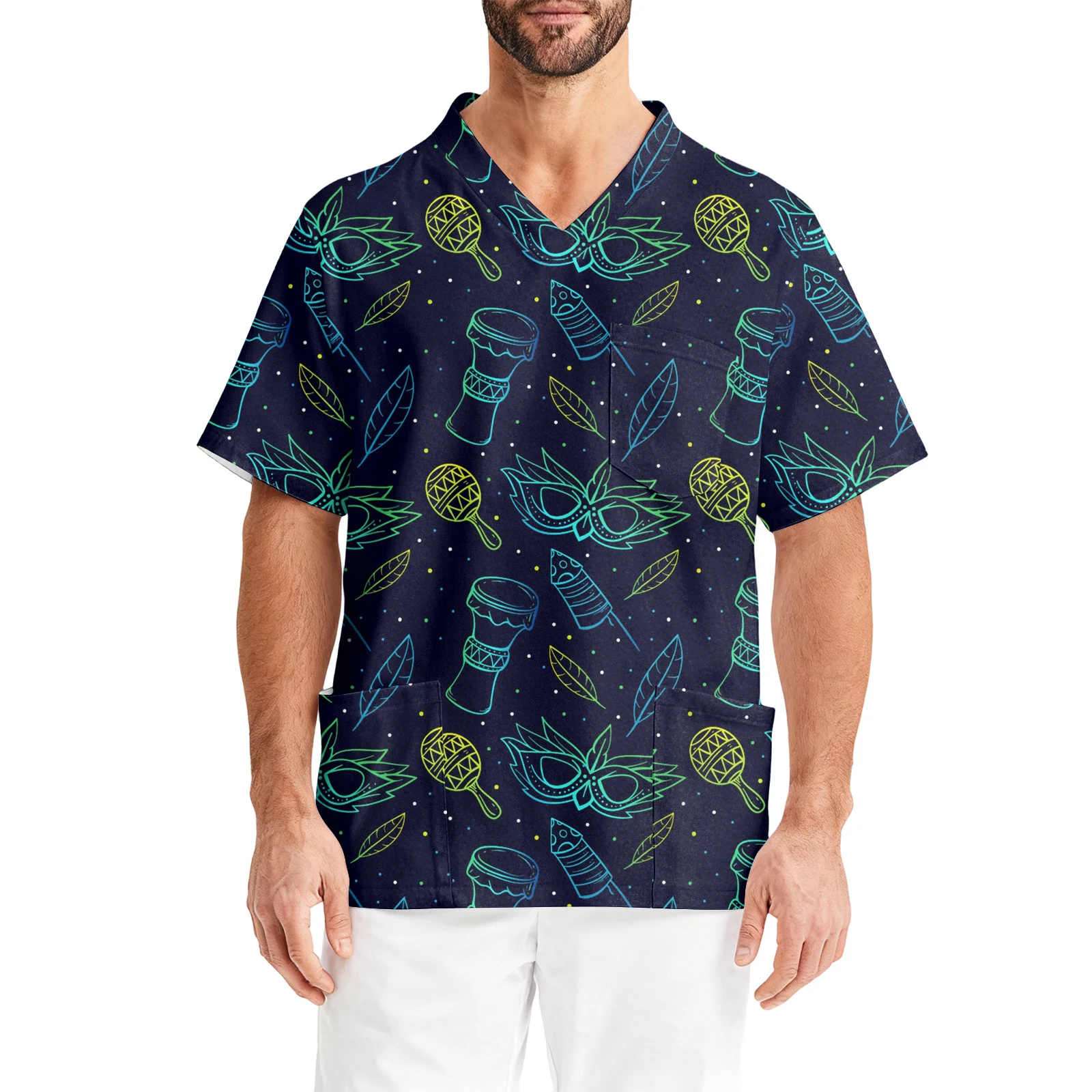 

Carnival Printed Nurse Uniform Men'S Short Sleeved Shirt V-Neck Short Sleeved Nurse Uniform Pocket Caregiver Jacket