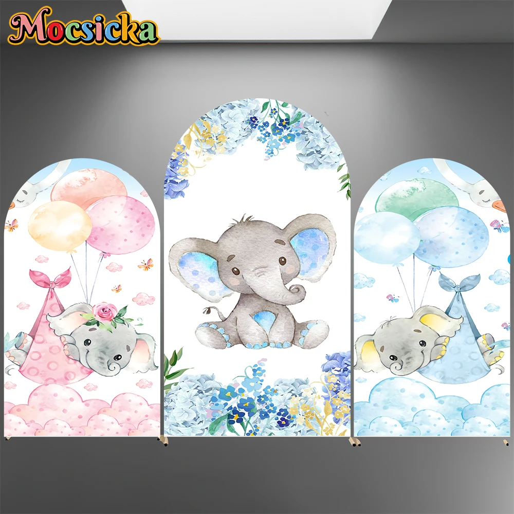 Mocsicka Elephant Arch Backdrops Covers Double-Faced Baby Shower Boy Girl Birthday Arched Backgrounds Gender Reveal Party Decors