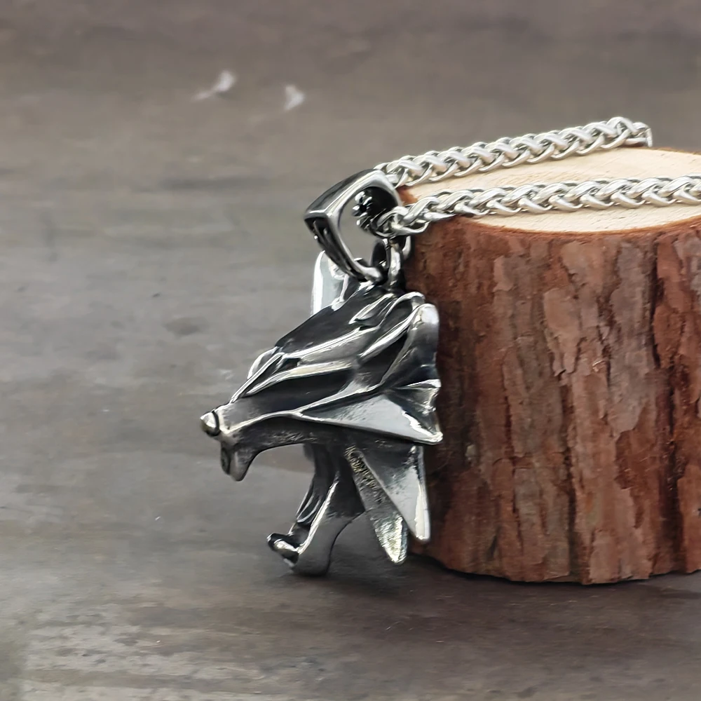 Vintage Norse Wolf Head Pendant Necklace, Solid Stainless Steel Amulet with Wooden Gift Box for Men