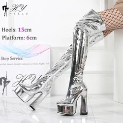 15CM Glossy Silver Block Chunky Heels Platform Over Knee Boots Womens Square Side Zipper Sexy Thigh Boots High Heels Size 36-46