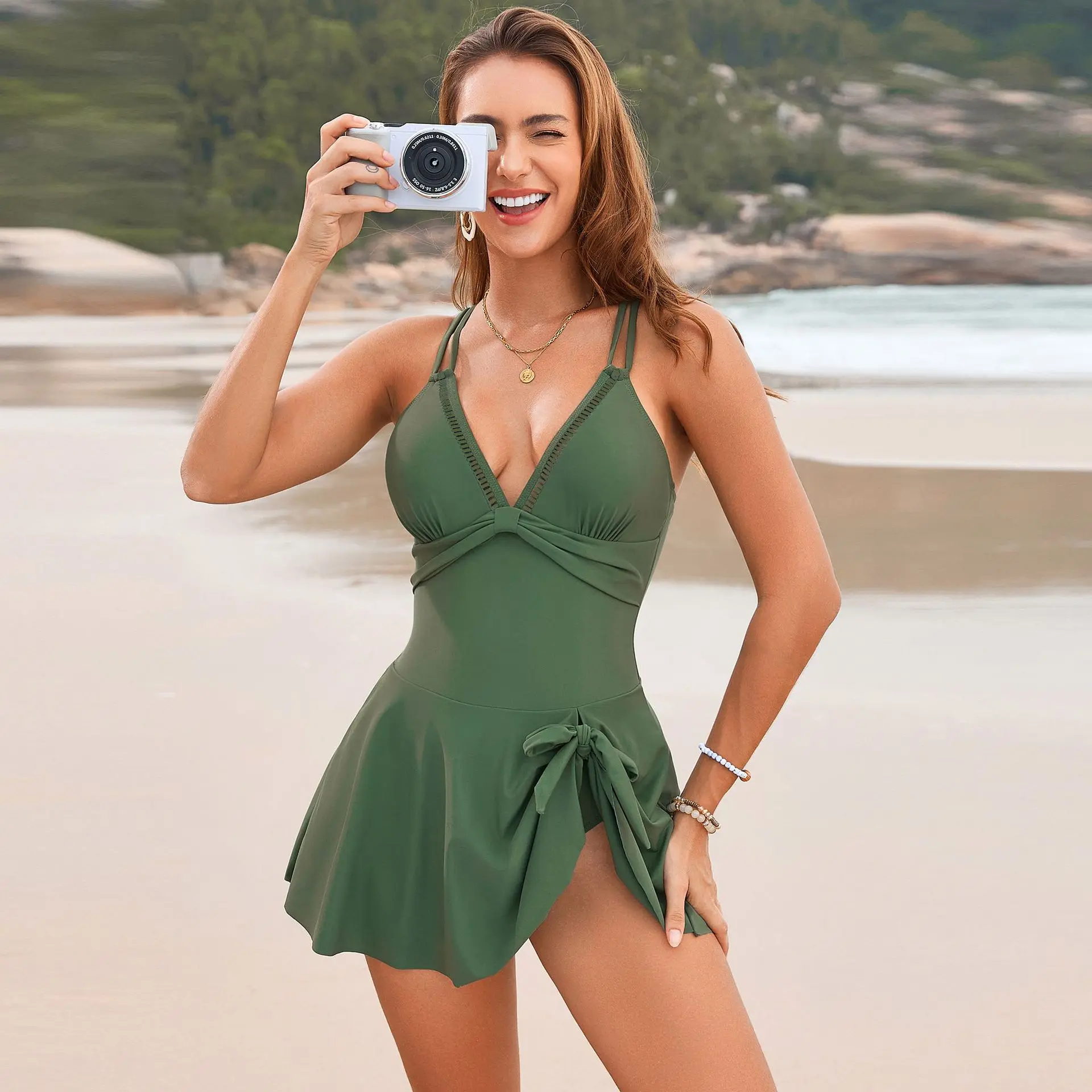 

2025 New Deep-V Cross One Piece Swimsuit For Women Plus Size Swimwear Female Bathing Suit Skirt Summer Beachwear Swimming Suit