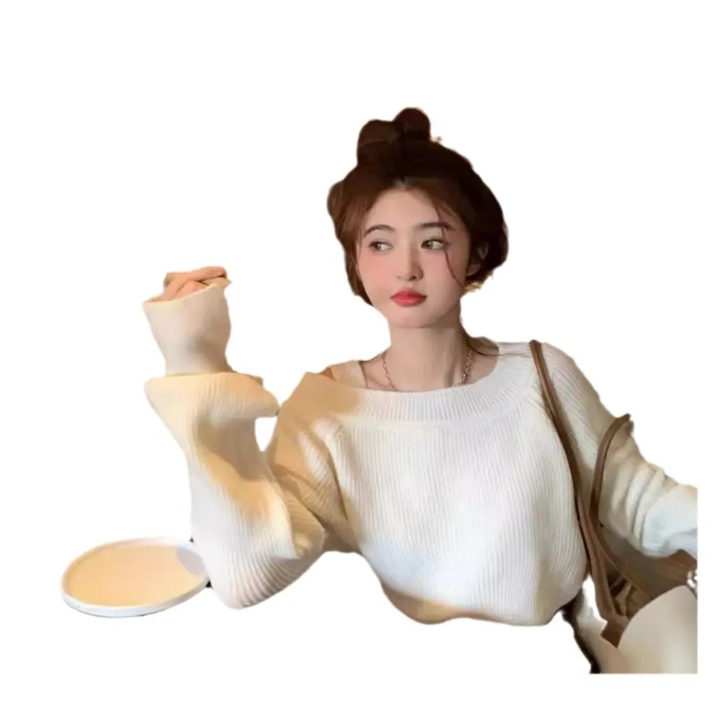 

Женский розовый пуловер с открытыми плечами, вязаный топ с ленивым стилем, сексуальный дизайн для верхней одежды на осень-зиму