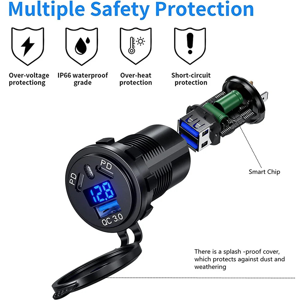 12V/24V USB Outlet 108W 3 Port Dual PD 45W USB C Car Charger Socket and Quick Charge 3.0 USB Charger with Voltmeter Power Switch