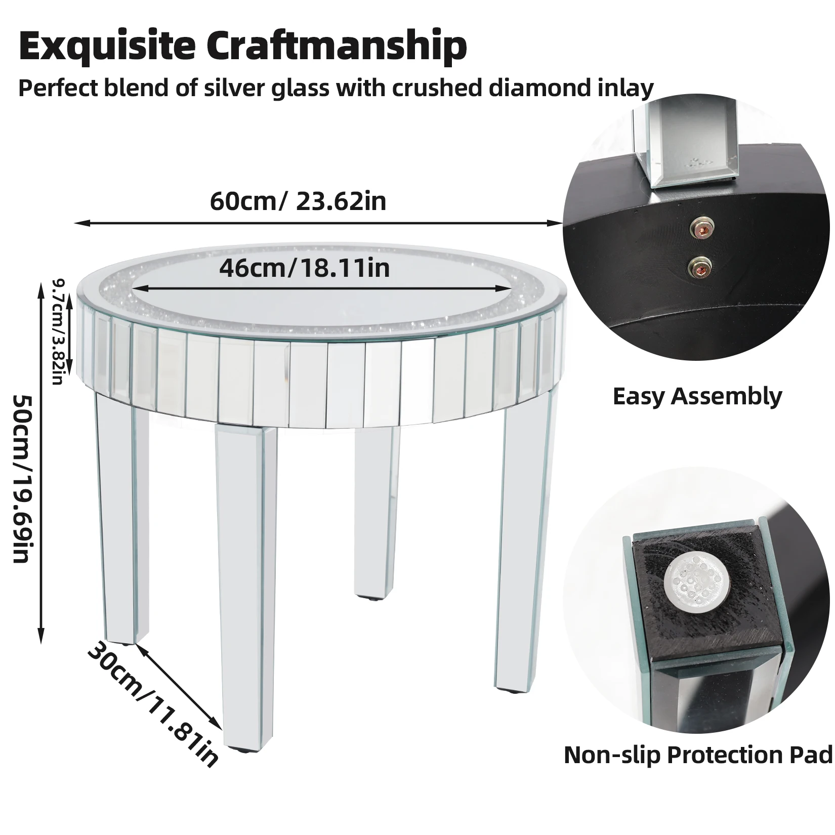 Okrągły lustrzany stół akcentujący Srebrny blat lustrzany ze szkła z błyszczącą ramą z kruszonymi diamentowymi krawędziami i kryształowymi nogami