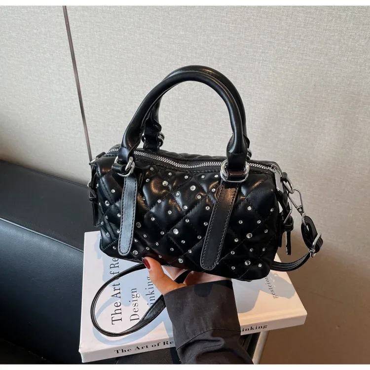 

2025 New Rhinestone Quilted Barrel Bag, Vintage Boston Handbag, Crossbody