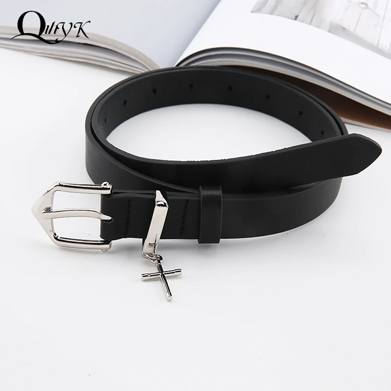 

Cross Pendant Jean Pants Belt Fashion Retro Men Woman Black Thin Belts PU Leather Metal Pin Buckle Hip Hop Students Waistband