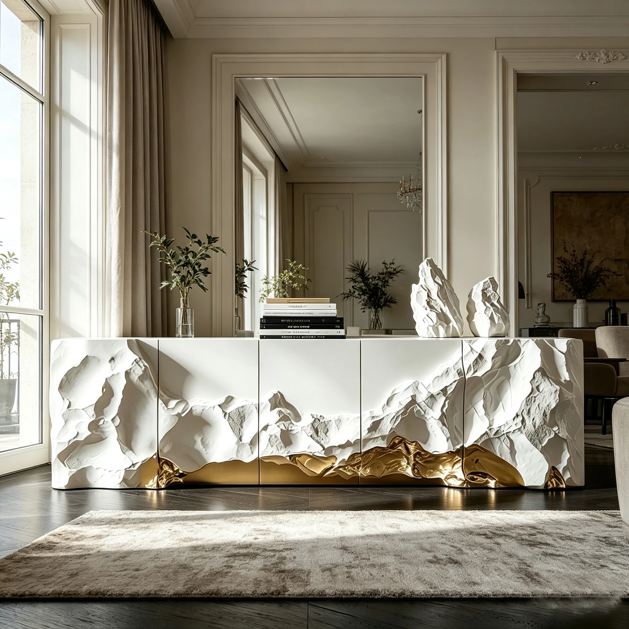 M*-Mountain Rock 3D Relief Fiberglass Sideboard 5 Door White Cabinet With Molten Gold Base
