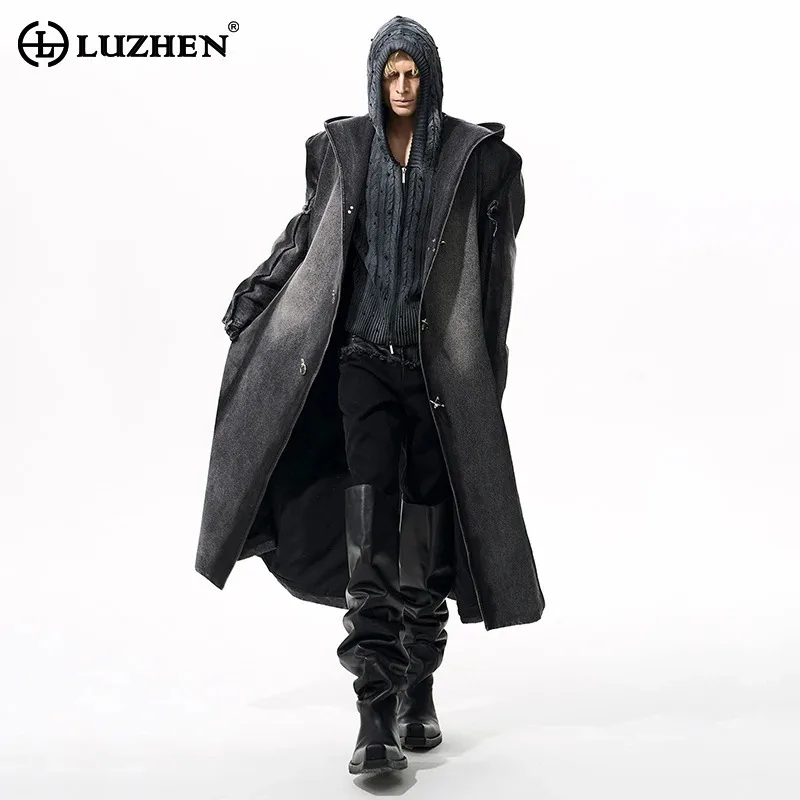 LUZHEN Fashion Vintage Gradient Washed Loose Hooded Denim Windbreaker Coat Men's 2025 New Original Metal Buckle Trench JY4534