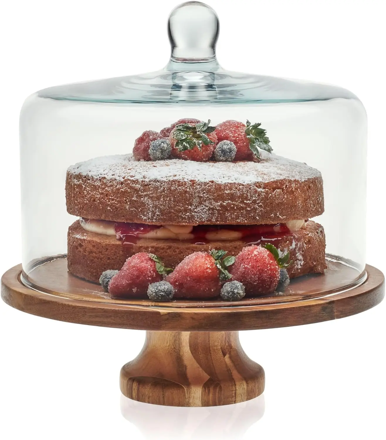 

Acacia Wood Cake Stand with Lid, Round Footed Container, Glass Dome Cover & Ball Top Handle