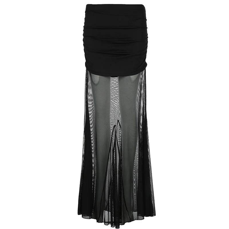 Temperamento Color sólido malla empalme falda plisada cadera-abrazo Slim Fit Hot Girl