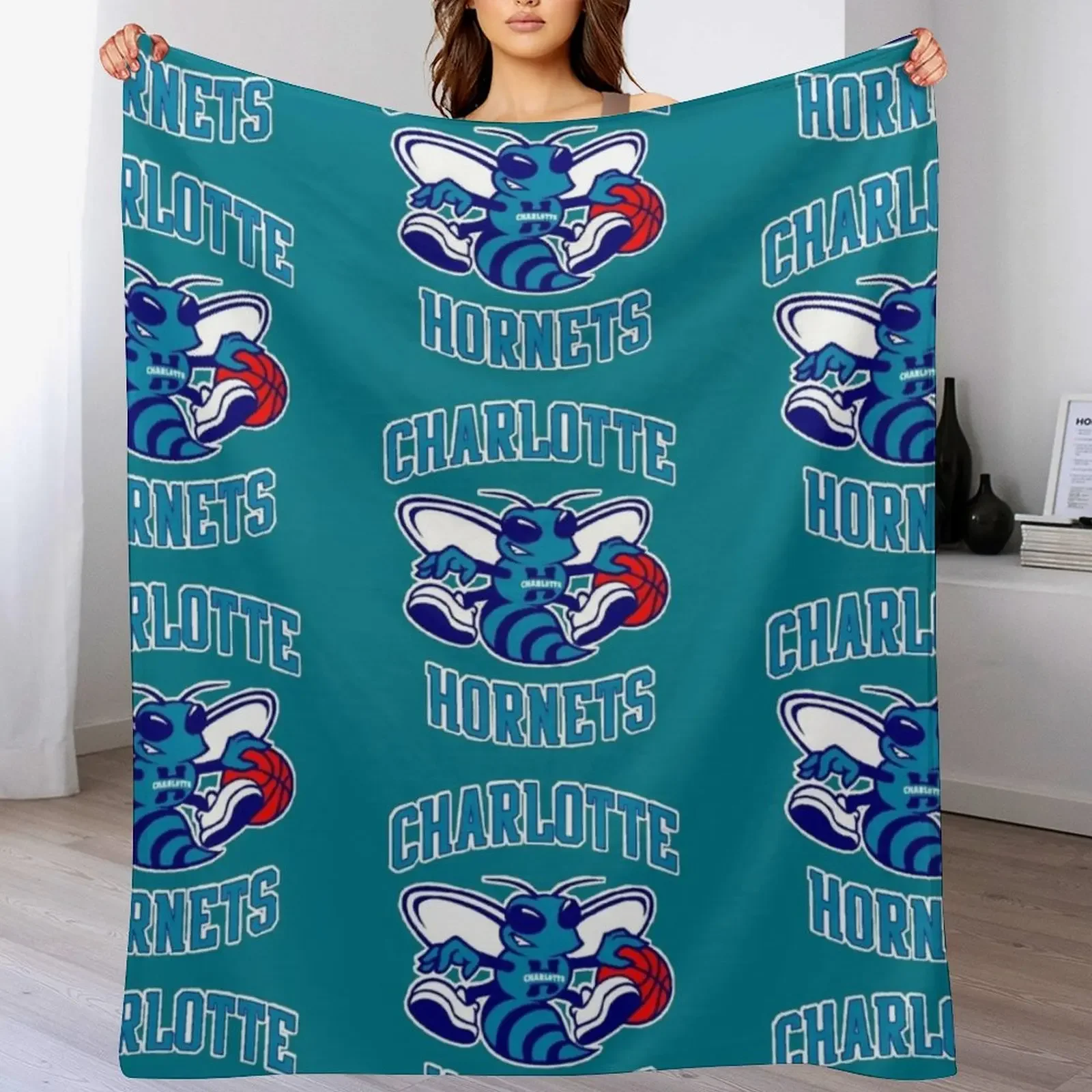 Hornets-Charlotte Logo (Teal) Throw Blanket blankets and throws Personalized Gift christmas gifts Blankets