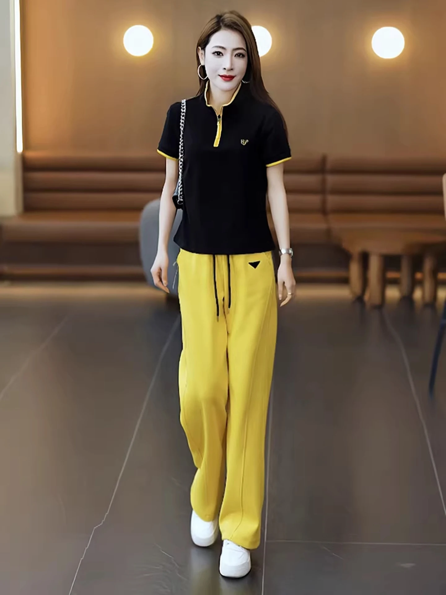 

Summer Faion Casual Yellow T-irt And Wide Leg Pants Two-Piece Set Anti-Wrinkle Medium Thin Commute Sle for Women