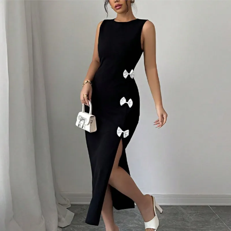 Summer Dress Women's 2026 Autumn Fashion Slim Bow Sleeveless Slit One Step Skirt Black Maxi Bodycon Dresses For Women Robe Femal