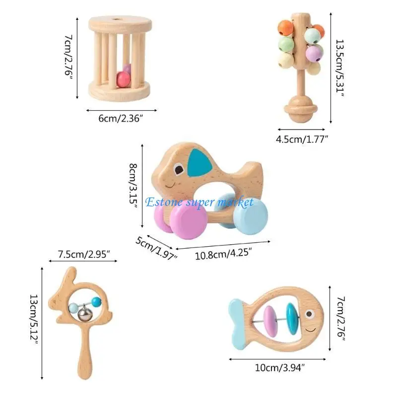 090B Kids Jingles Wooden Handle Rattle Finger Training Toy Musical Instruments