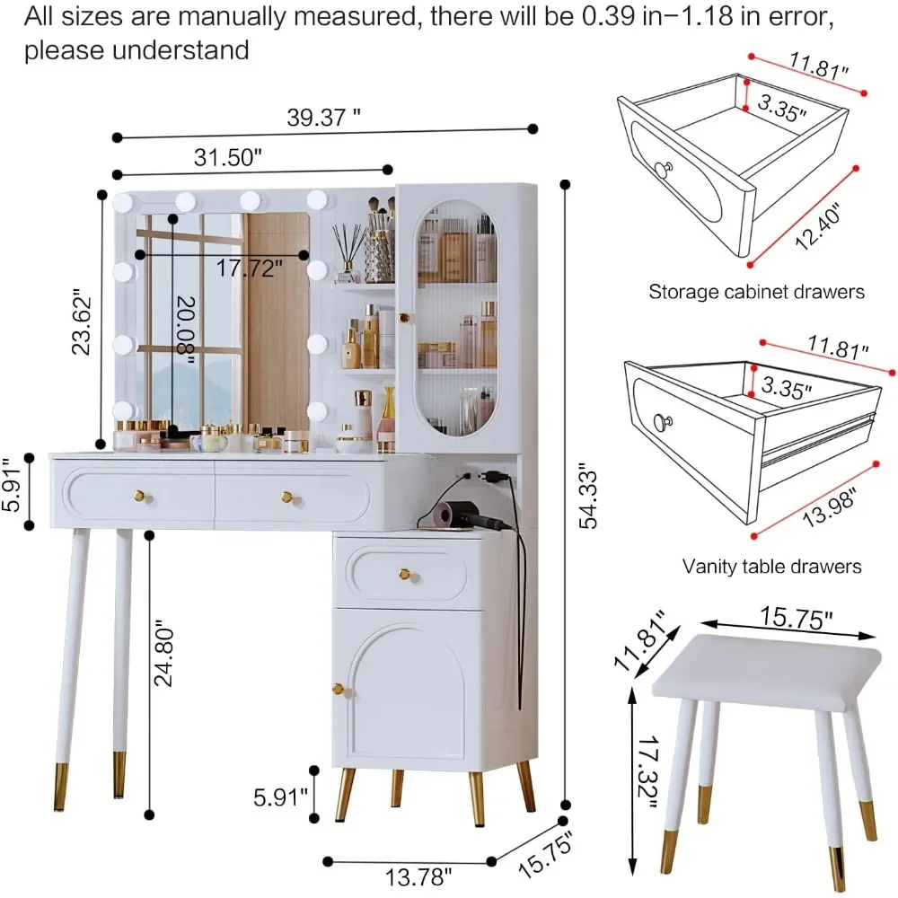 Vanity Desk with Mirror, Lights, Chair, 3 Drawers, Power Outlet, 10 Lights, Modern High Capacity Makeup Vanity Desk