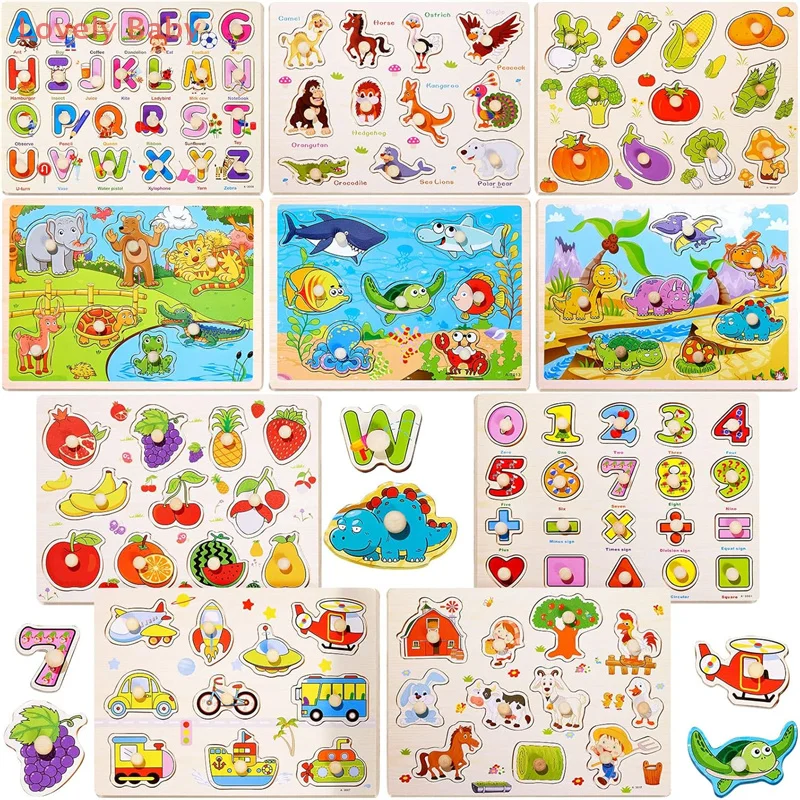 【BBS】Wooden Montessori Pegboard Puzzle For Toddlers - Letters, Numbers, Fruits & Shapes Learning Toy, Jigsaw Learning Puzzles