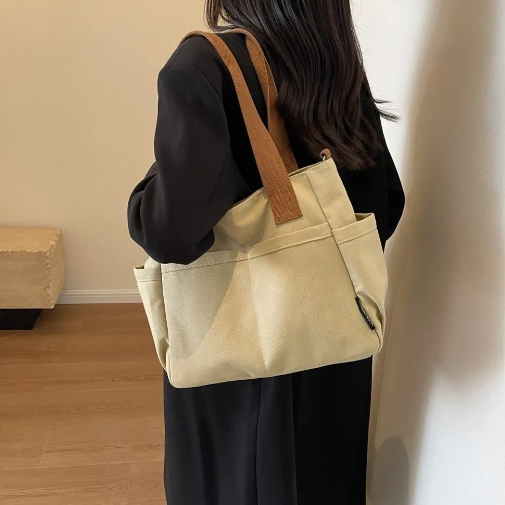 

Thickened Canvas Handbag Zipper Japanese Style Large Capacity Tote Bag Single Shoulder Multi-Pocket Storage Pouch Outdoor