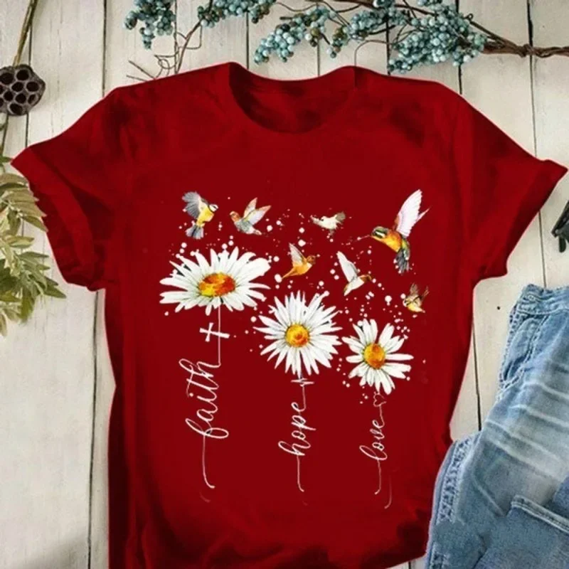 Faith Hope Love Daisy Print T Shirt Women Short Sleeve O Neck Loose Tshirt Summer Women Tee Shirt Tops Camisetas Mujer