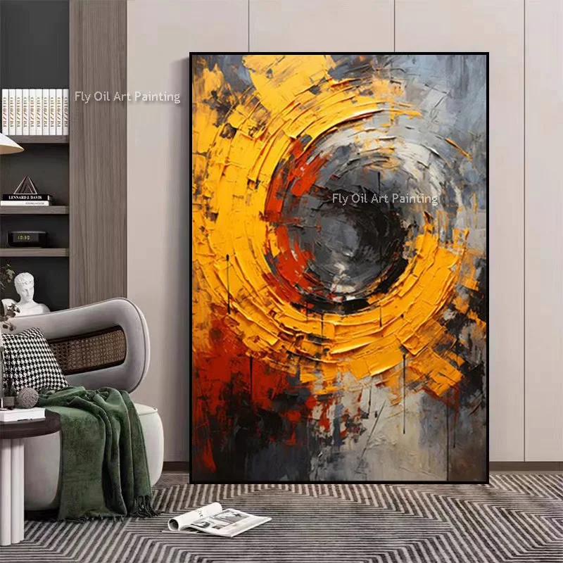 New Design Yellow Black Circle Thick Oil Painting Handmade Black Grey Abstract Canvas Wall Art Modern Home Decor As A Gift