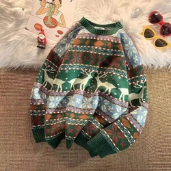 Brzydki świąteczny sweter Deer dzianinowy typu oversize swetry miękkie ciepłe jakości Harajuku festiwal O-Neck Vintage Casual odzież męska