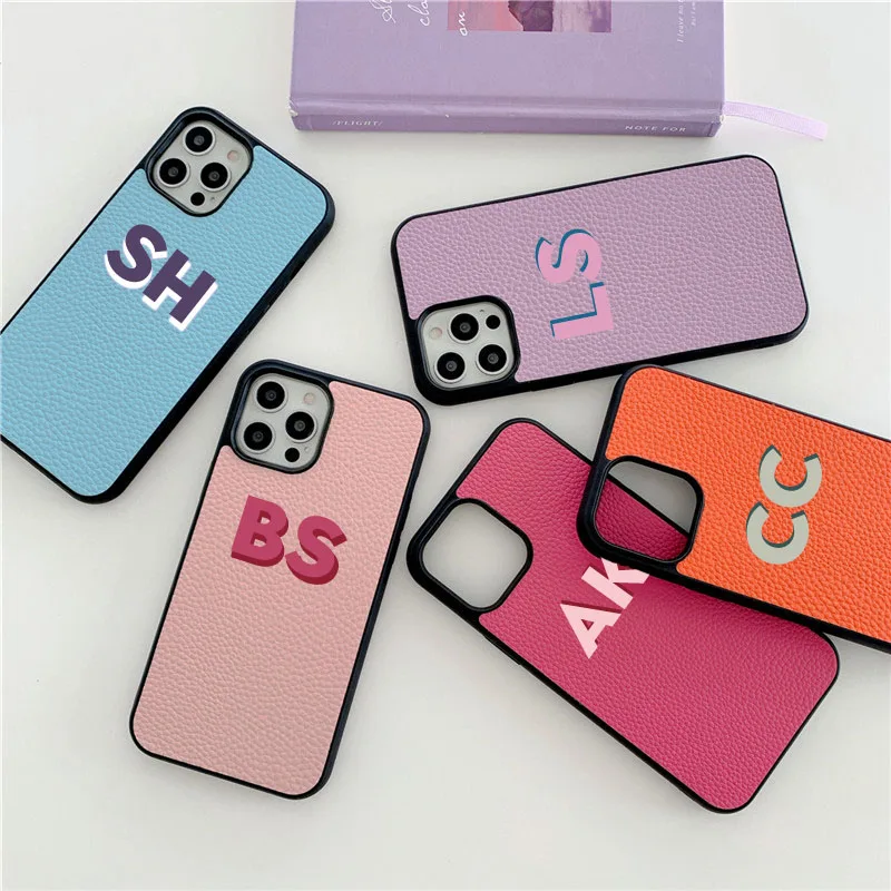 Customized Initial letterS Leather PU Case For iphone 14 13 Pro Max 12 11 Pro Max Mini XS XR Luxury Hard Pebble 3D Designs Cover