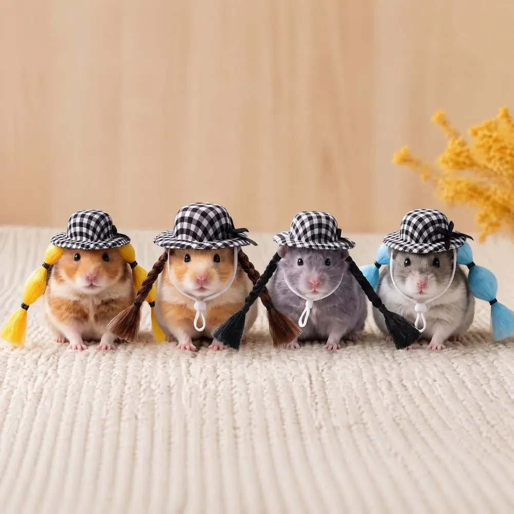 Funny Hamster Hat with Wigs Hamster Wig Hat with Checkered Pattern Funny Braided Costume for Guinea for Gerbils for Tiny