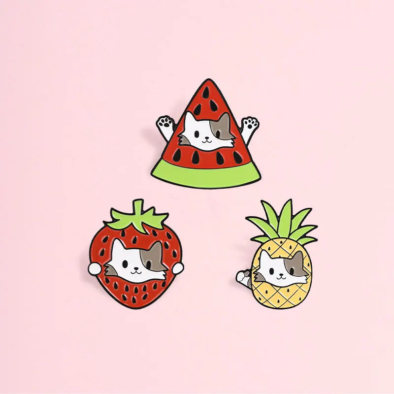 Cartoon Summer Fruit Cat Metal Brooch Pineapple Strawberry Watermelon Hidden Cat Badge Clothing Backpack Accessories